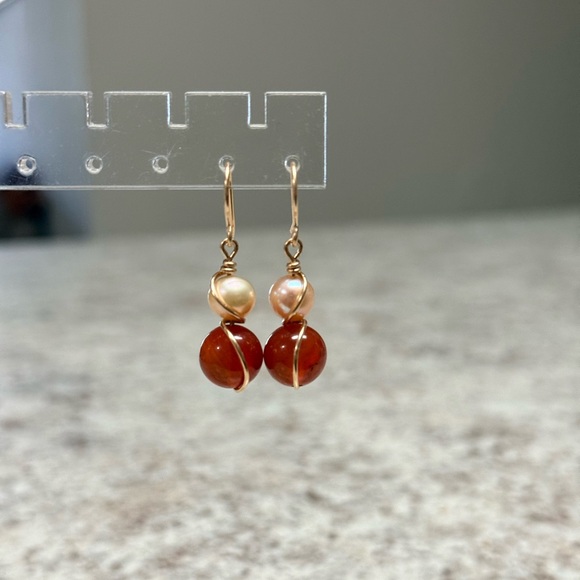Gold-Filled Carnelian and Pearl Drop Earrings - Picture 6 of 7